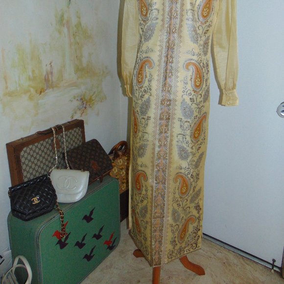 Vintage 60s 70s Alfred Shaheen Kaftan Long Sleeve Yellow Hawaiian Maxi Dress 10 - Picture 15 of 15